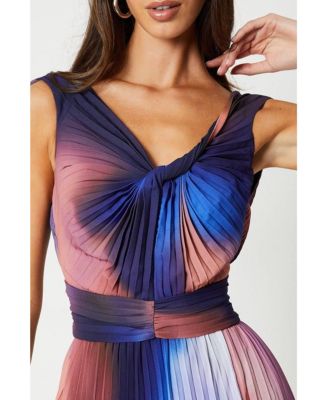 Women's Printed Pleated V-Neck Midi Dress