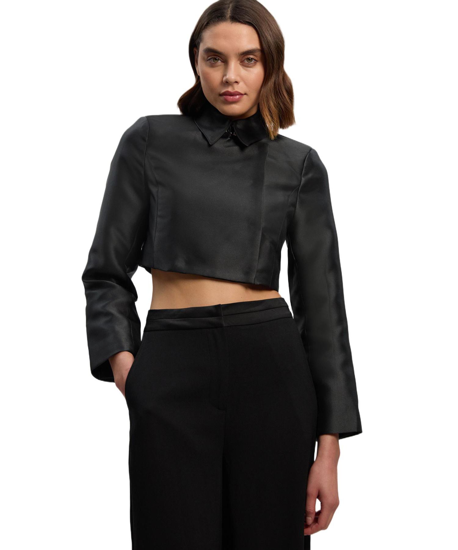 Women's Satin Twill Cropped Wrap Tailored Jacket
