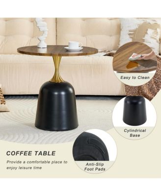 Circular side table with metal base and walnut wood grain