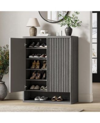 Modern Wooden Shoe Cabinet with Adjustable Shelves and Fluted Door – Narrow Entryway Shoe Organizer