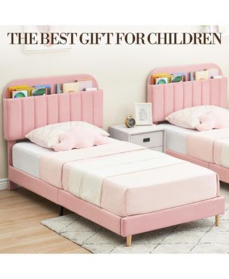 Twin XL Bed Frame Storage Headboard Velvet Upholstered Platform Bed Kids Wood Slats Noise Free Light