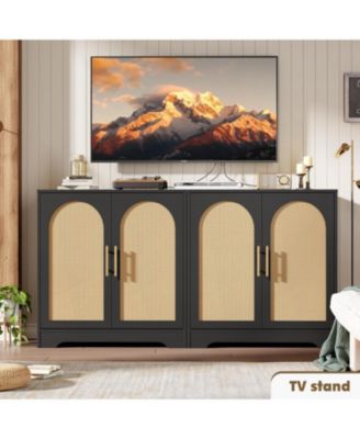 Wood Storage Cabinet with 2 Rattan Doors, Adjustable Shelf, Rustic Sideboard/TV Stand, Living Room.