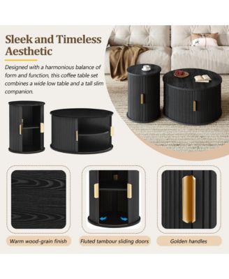 Mid-Century Coffee Table Set, Round Fluted End Table With Storage, Golden Handle and Sliding Tambour Door, Side Table for Living Room