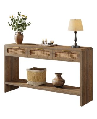 Entryway Table with 3 Rattan Drawers, Narrow Console Sofa Table with 2-Tier Open Storage Shelf