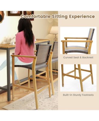 Patio Rattan Bar Stool Set of 4 Outdoor PE Wicker Bar Chairs w/ Armrests & Sturdy Footrests