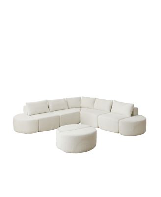 Modular chenille sofa set with 6 pillows, 4 footstools