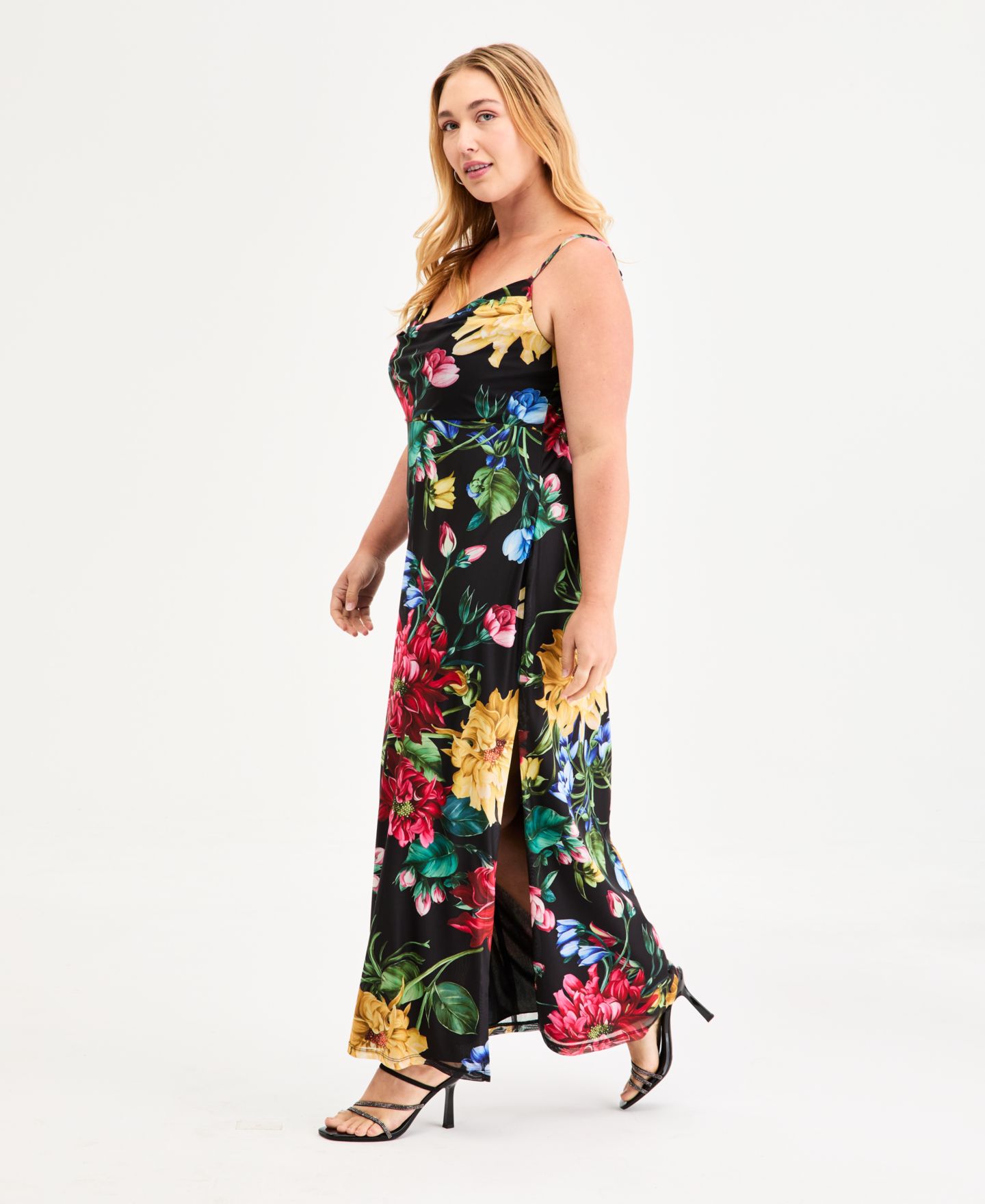 Женское платье B Darlin Trendy Plus Size Floral Print Cowlneck Maxi, цвет: Угольный — фото 5