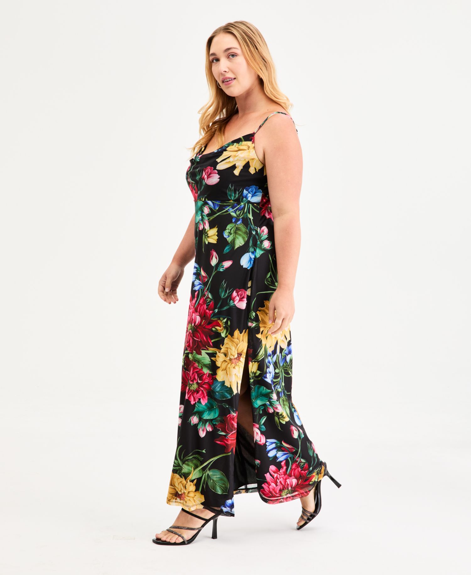 Trendy Plus Size Floral Print Cowlneck Maxi Dress