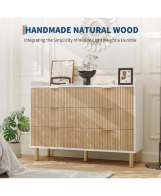  Fluted Double Dresser for Bedroom, Curved Wooden Chest with Metal Handles & Wide Storage