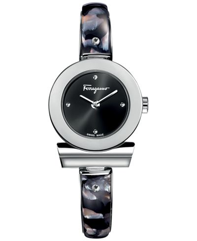 Ferragamo Women's Swiss Gancino Stainless Steel with Black Acetate Inlay Bangle Bracelet Watch 26mm FII010015