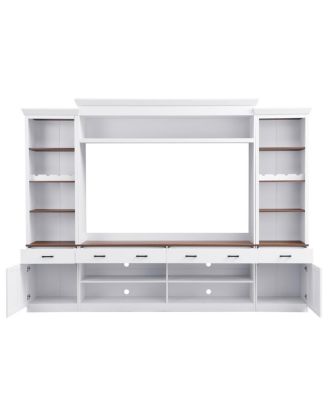 Farmhouse 4-Piece Entertainment Center with Bookshelf, Walnut TV Stand