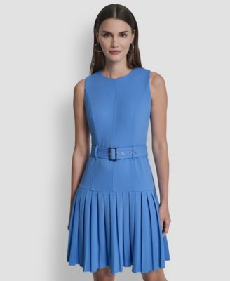Women's Sleeveless Jewel Neck Pleated Drop Waist Mini Dress