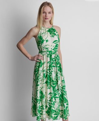 Women's Sleeveless Halter Neck Belted Fit and Flare Maxi Dress