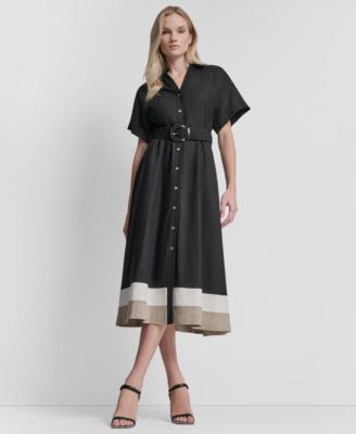 Women's Short-Sleeve Collared Neck Buckle Belt Midi Shirt Dress
