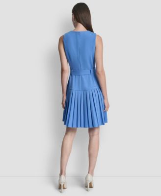 Women's Sleeveless Jewel Neck Pleated Drop Waist Mini Dress