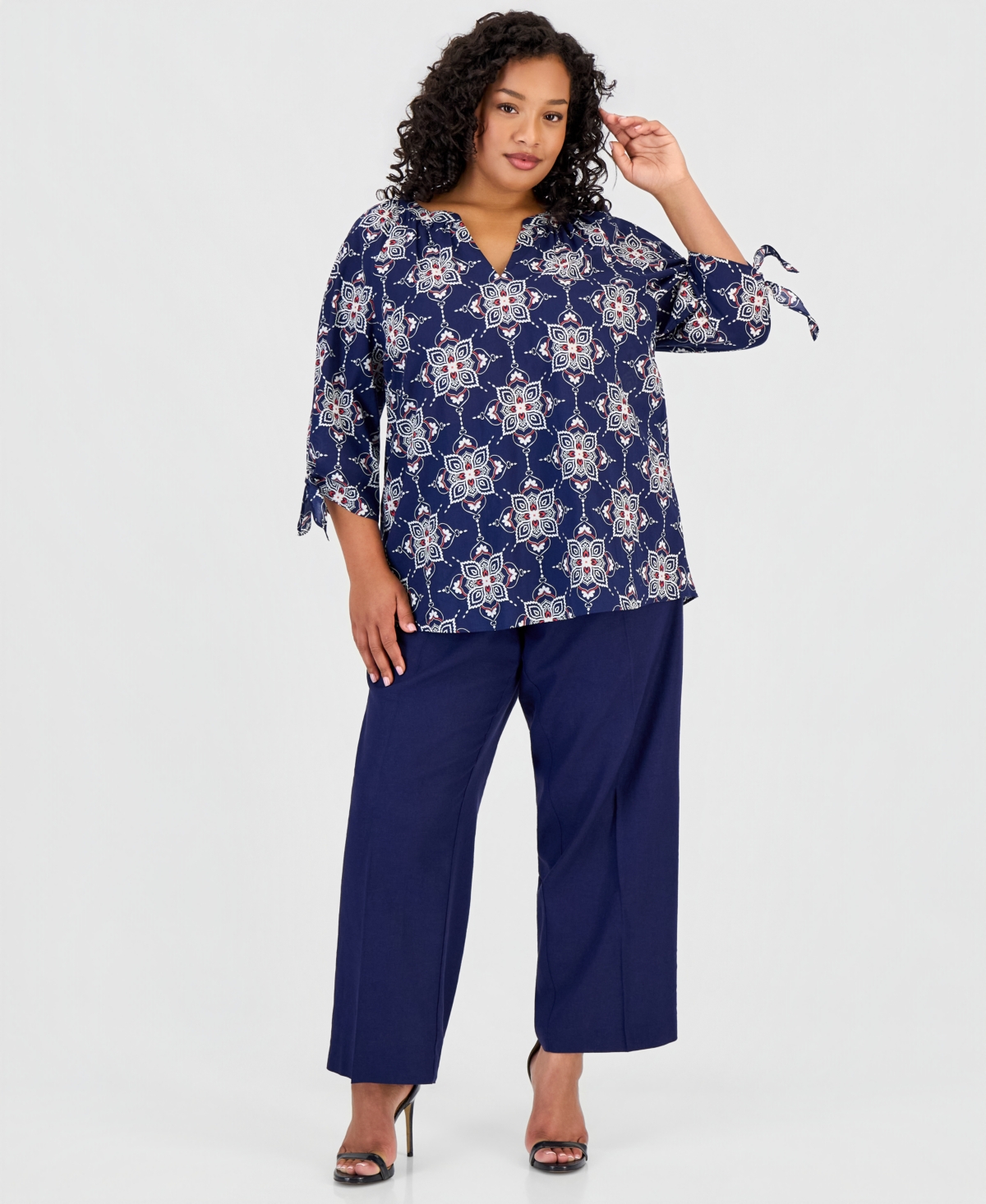 Jones New York Plus Cotton Tie-Cuff Top