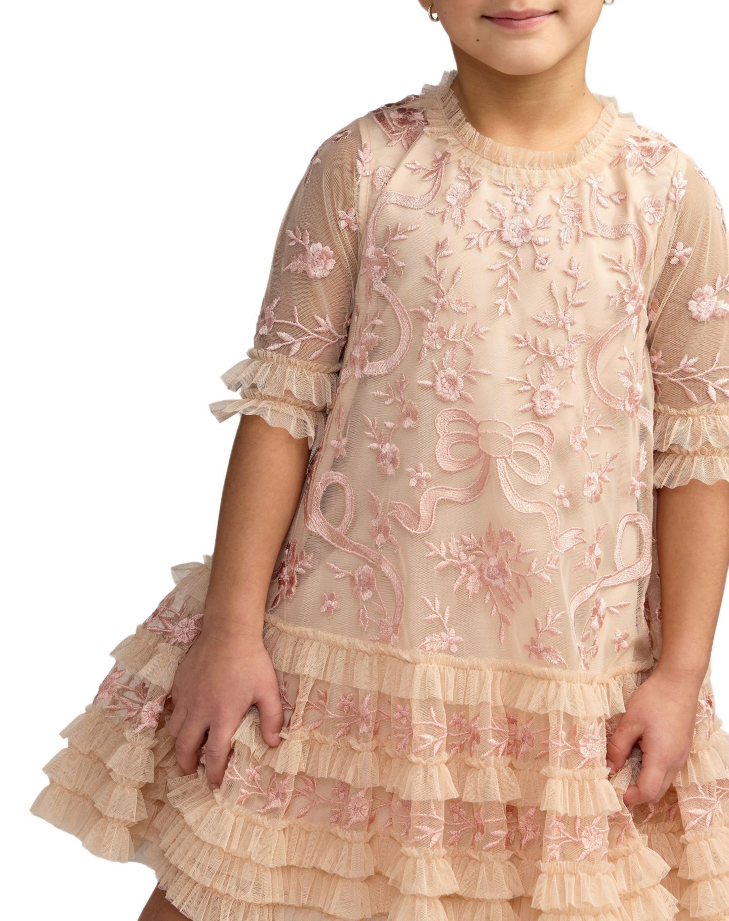 Платье Mac Duggal Micro Ruffle Embroidered Mini Dress для девочек, цвет: Фарфоровый — фото 3