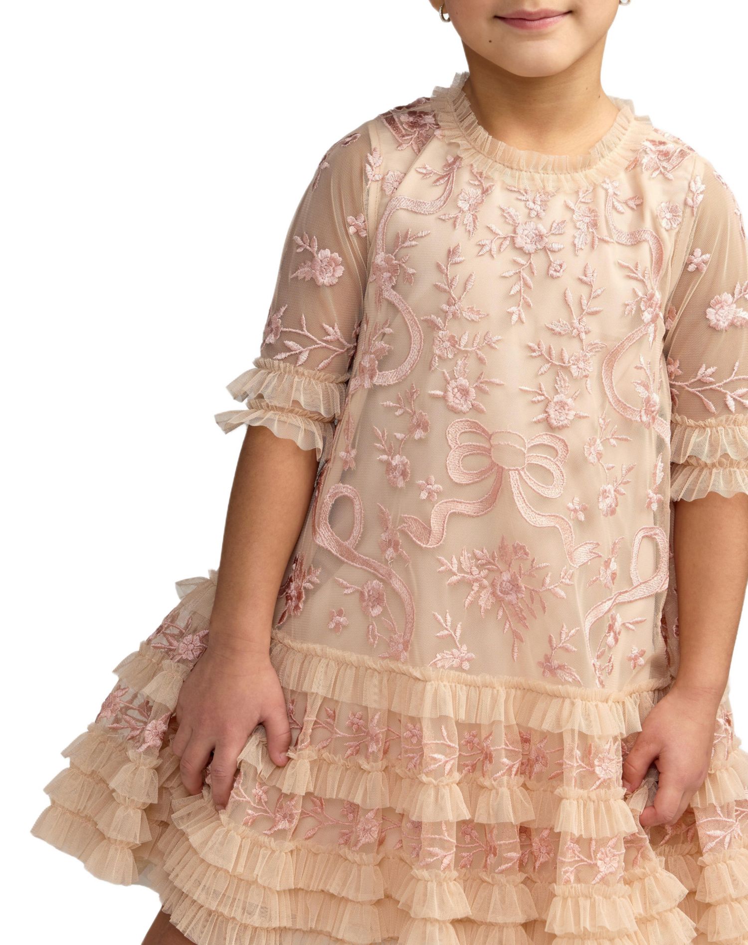 Little Girls Micro Ruffle Embroidered Mini Dress