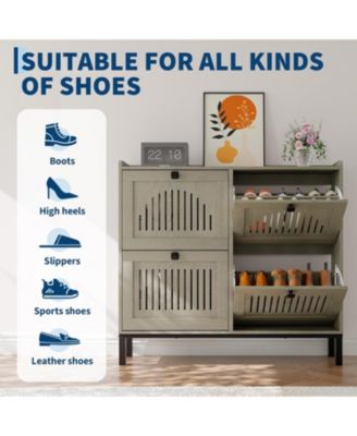 Shoe Storage Cabinet with 4 Flip Drawer, Shoes Organizer with Hollow Out Panel & Square Handles
