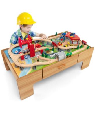 100 Piece Double-Sided Wooden Train Set Table with Storage Drawer for Kids Age 3+