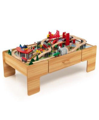 100 Piece Double-Sided Wooden Train Set Table with Storage Drawer for Kids Age 3+