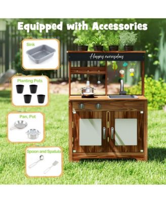 Mud Kitchen Fir Wood Play Kitchen with 4 Panting Pots Faucet Removable Sink
