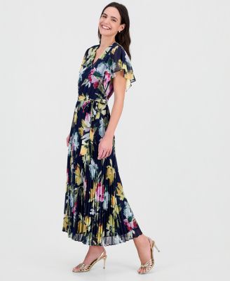 Women's Flutter-Sleeve Pleated Maxi Dress