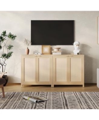 Freestanding Rattan 2-Door Storage Cabinet with 2 Adjustable Shelves, Natural Wood Accent Cabinet, Large Capacity Buffet Sideboard.