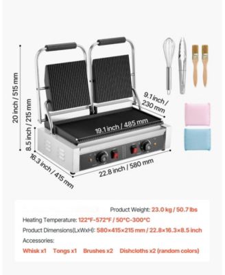 Commercial Electric Panini Press Grill with Full Grooved Plates and Temperature Control