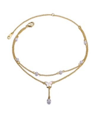 Chic 14K Gold Plated Pearl Double Chain Butterfly Anklet