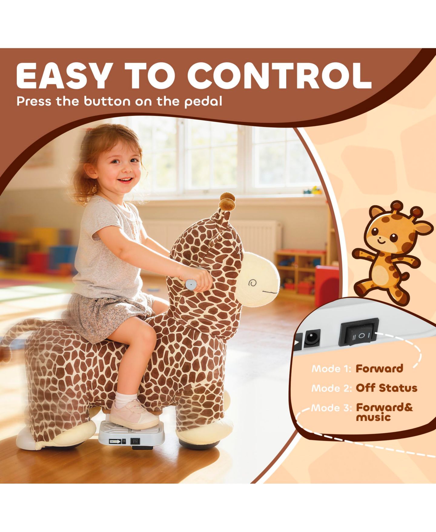 Детская игрушка Qaba 6V Kids Ride On Horse Electric Music Giraffe Ride-On, 55 lbs., Ages 1.5-5 Years, цвет: Коричневый — фото 5
