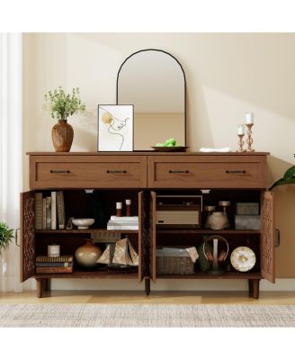 Vintage Sideboard Buffet Cabinet, Hand-Carved Doors, 2 Drawers, 4 Doors