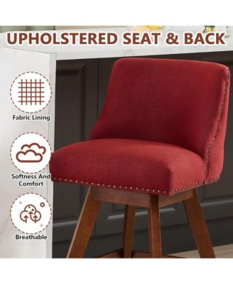 Swivel Bar Stools Set of 2, Modern Upholstered Counter Height Chairs with Wooden Legs and Nailhead Trim for Kitchen Island