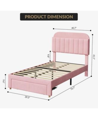 Twin Bed Frame Velvet Platform Bookcase Headboard Kids Girls Steel Legs Easy Build Noise Free