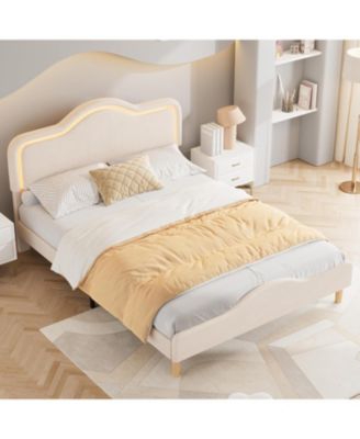 Queen Princess Platform Bed Frame with RGB LED Lights Adjustable Velvet Headboard Wood Slat Support No Box Spring