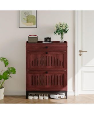 Shoe Storage Cabinet with 2 Flip Drawer, Shoes Organizer with with Top Drawer,Hollow Out Panel & Square Handles