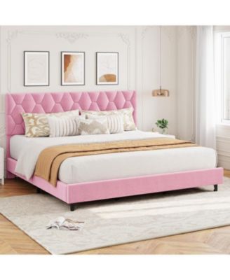 King Bed Frame Adjustable Headboard Upholstered Platform Wood Slats No Box Spring Easy Assembly