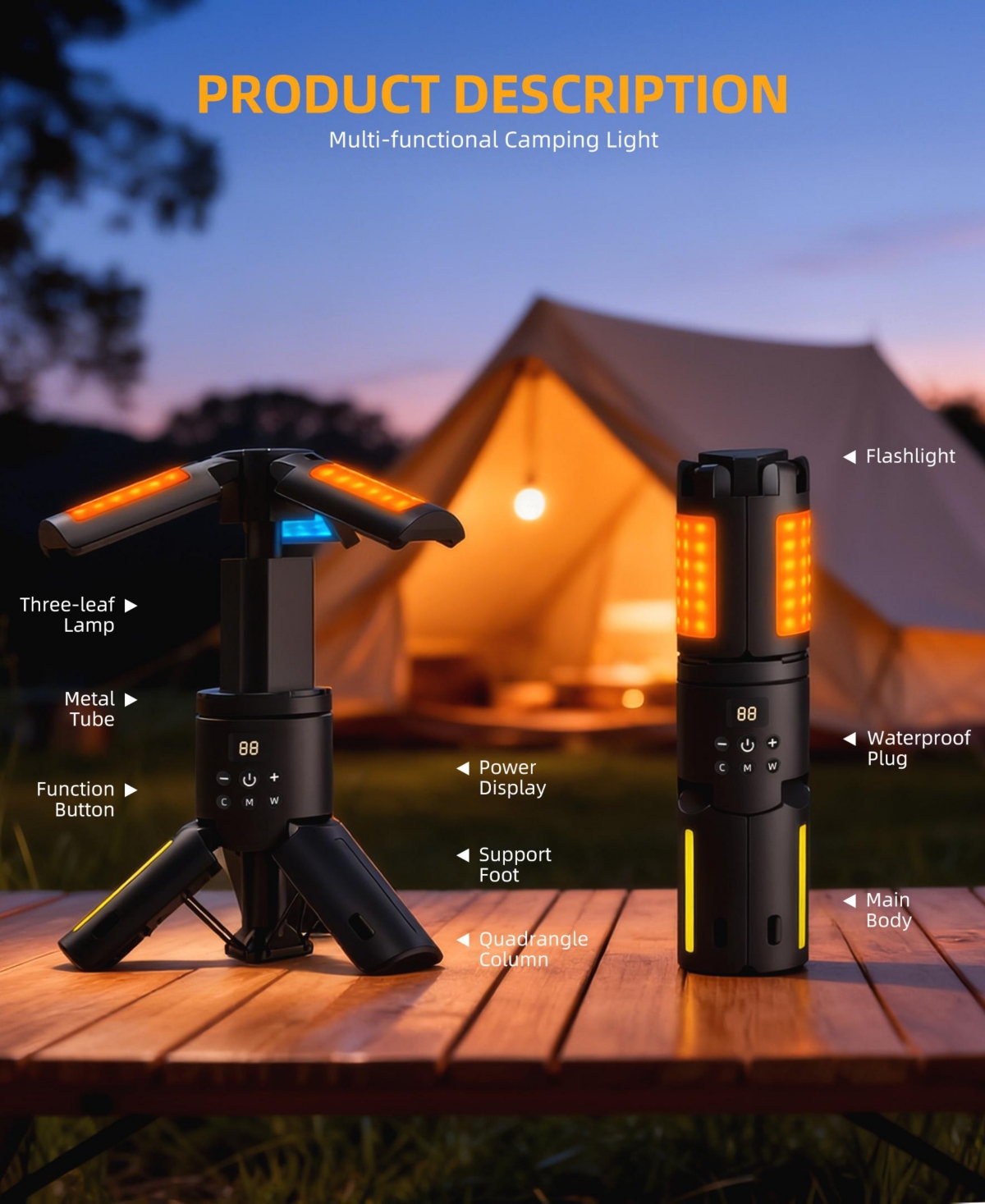 Sugift Rechargeable 10050mAh Led Camping Light, 1000LM 10W Portable Work Light with 3 Adjustable Heads, Multi Mode Emergency Lantern