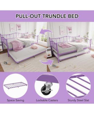 Twin Daybed with Trundle, Metal Sofa Bed Frame with Steel Slat Support, Love Heart Design, No Box Spring