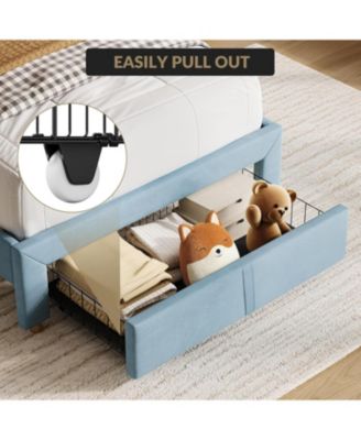 Bed Frame Velvet Platform Bookcase Headboard Kids Girls Steel Legs Easy Build Noise Free.