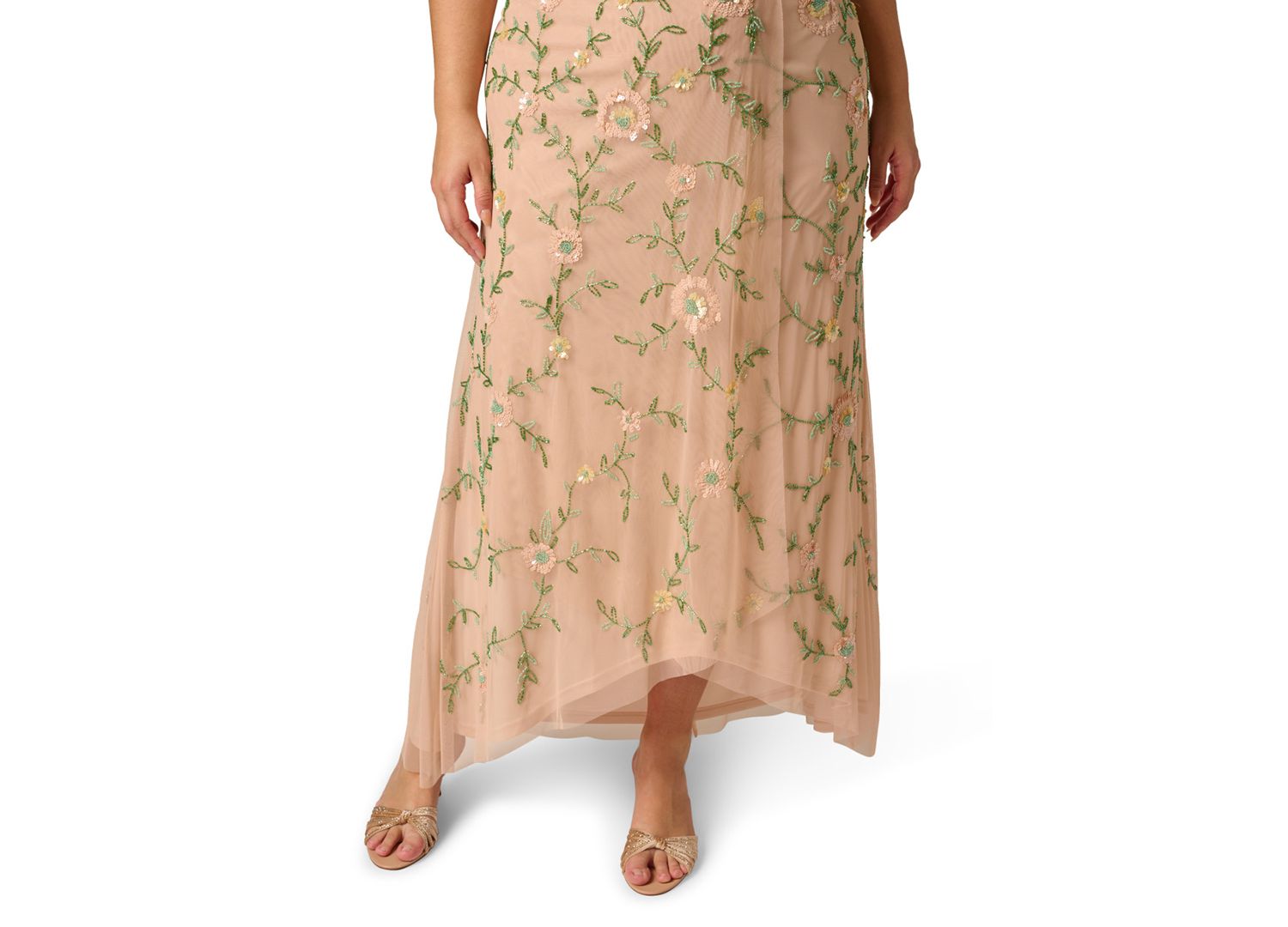 Petite V-Neck Beaded Mesh Gown