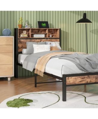 Twin Platform Bed with Storage Headboard and Charging Station
