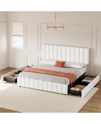 Queen Bed Frame Upholstered Headboard 4 Drawers Platform Adjustable Headboard Wood Slats No Box Spring