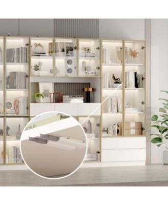 Large 30-Shelf Wood Standard Bookcase With Doors,LED Lights,Drawers