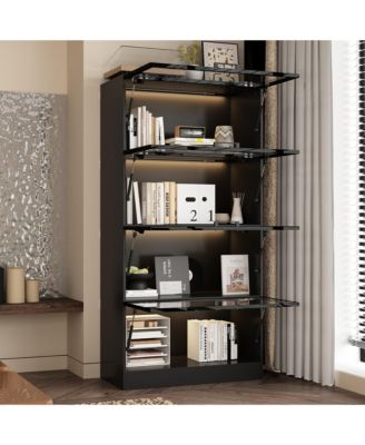 Modern Wood 4-Shelf Bookcase with Doors and 3-Color LED Lights