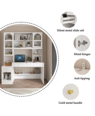 79.1 in. Tall Wood 13-Shelf Standard Bookcase with Writing Desk Table, Glass Door Cabinet,Drawers, French Style