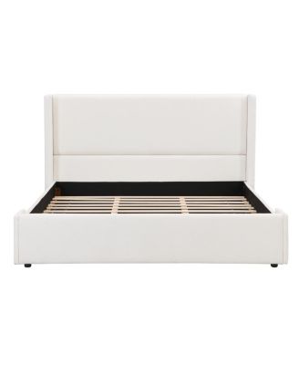 Elegant White Fabric Upholstered Bed with Tall Headboard