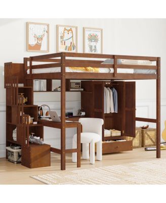 Full Size Walnut Loft Bed with Desk, Shelves, Wardrobe & Stairs