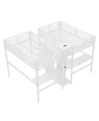 Twin Over Twin Metal Loft Bed with Double Desk, Wardrobe, Shelves & Outlet