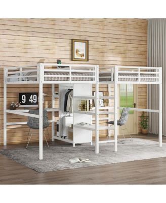 Twin Over Twin Metal Loft Bed with Double Desk, Wardrobe, Shelves & Outlet